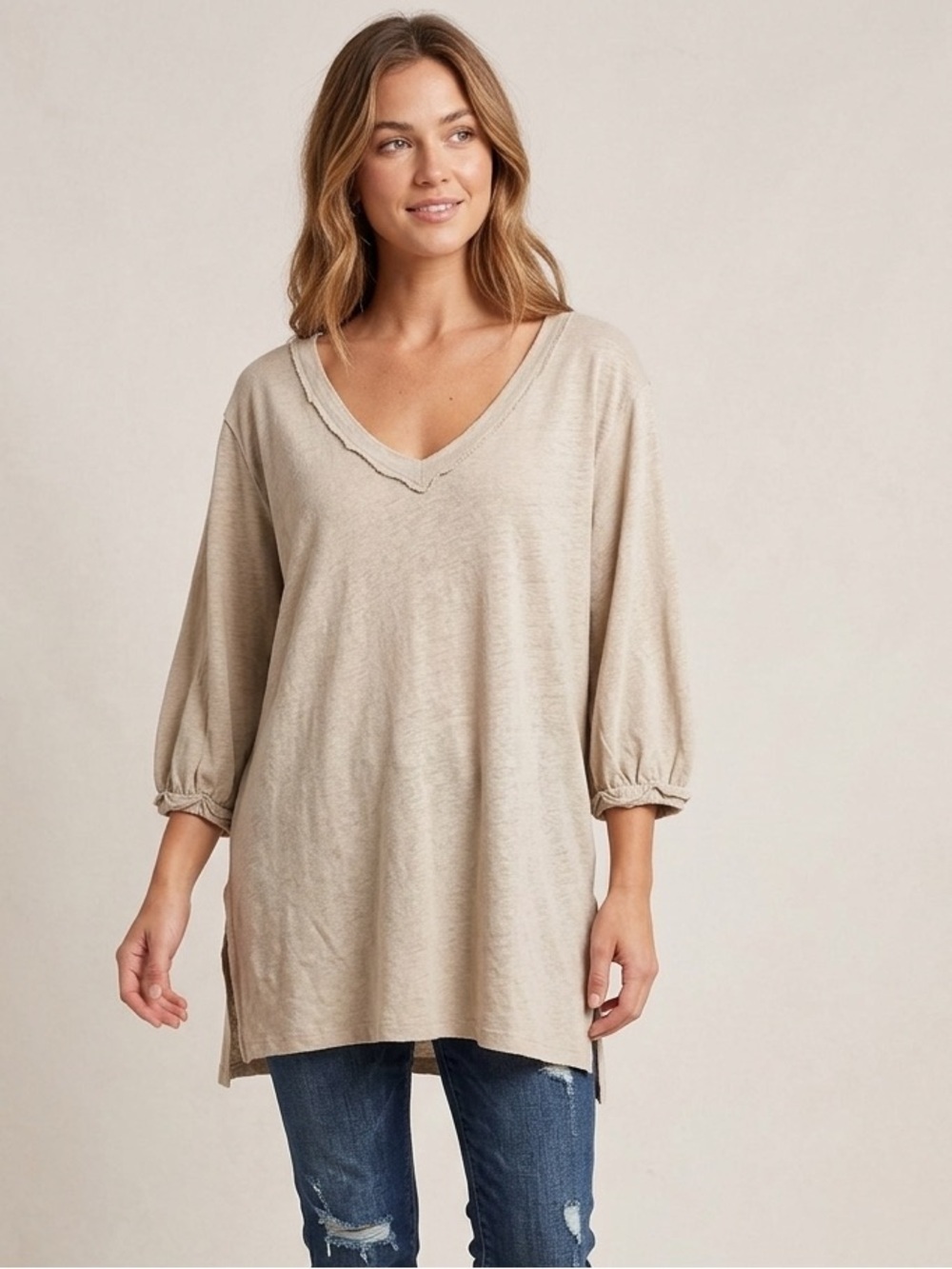 Umgee | Light Tan Linen Blend V-Neck Tunic | Sz L